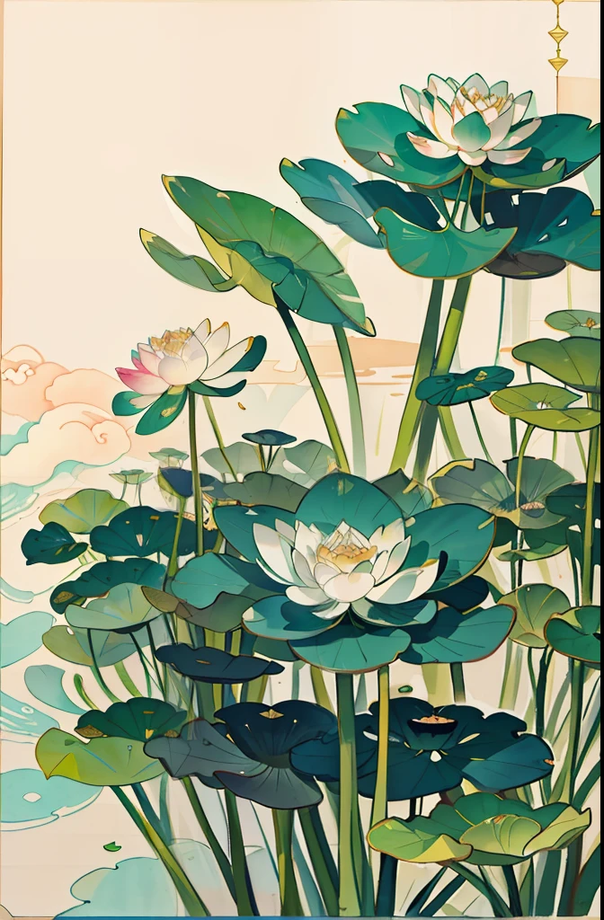 Big lotus leaves, lotus flowers, ink painting style, clean colors, ink style, smudging, decisive cutting, white space, freehand, masterpiece, super detailed, epic composition, high quality, highest quality, lotus fairy, ancient style, Dunhuang flying sky