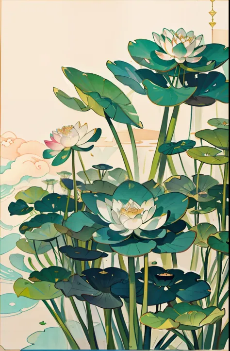Big lotus leaves, lotus flowers, ink painting style, clean colors, ink style, smudging, decisive cutting, white space, freehand,...