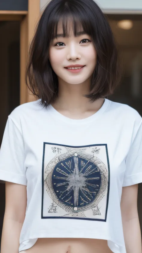 I'm wearing a T-shirt with a design centered on Bitcoin.、I love Bitcoin((top-quality、8K、​masterpiece:1.3))、1girl in、Slim Abs Beauty:1.3、(Hairstyle Casual、huge tit:1.2)、doress:1.1、Super fine face、Delicat eyes、二重まぶた、a smile、home