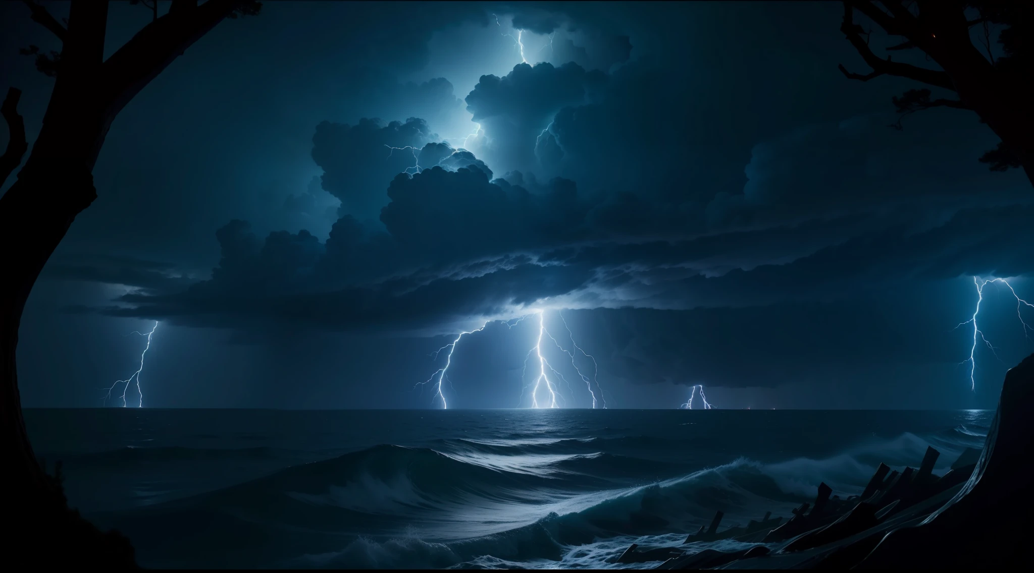 island at night storm and lightning at sea, suffocating atmosphere, heavy rain and winds, bending trees, 8k, maximum detailed, high quality