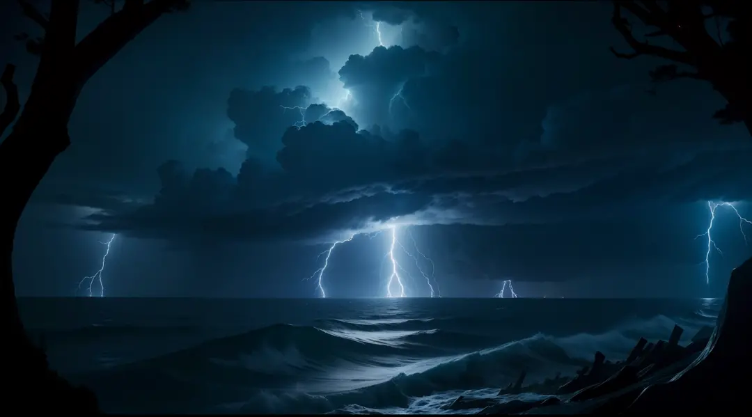 island at night storm and lightning at sea, suffocating atmosphere, heavy rain and winds, bending trees, 8k, maximum detailed, h...