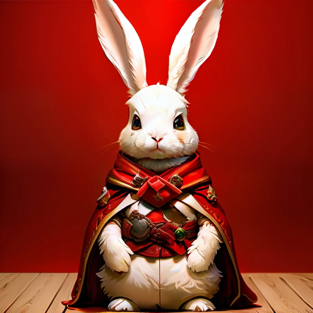 RAW-Foto, menschlichoid, A ( Ganzkörper ) photore [menschlich:Kaninchen:2] Süßer Hase, beste Qualität ,Meisterwerk, Illustration, Betrachter anzeigen, nach vorne gerichtet, Flauschiger festlicher roter Bademantel, scharfer Fokus, Realistische Beleuchtung