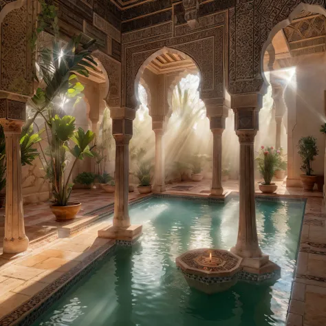 sunrays, masterpiece, best quality, ultra high res, raw, ((white riad)), ((riad pool)), splashing riad fountain, marrakech, moro...