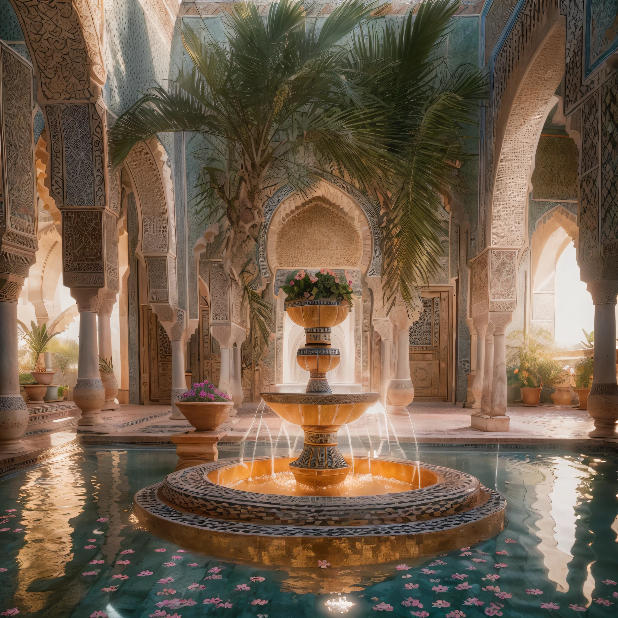 sunrays, masterpiece, best quality, ultra high res, RAW, ((white Riad)), ((riad pool)), splashing riad fountain, Marrakech, moroccan candle holders, palm trees, opalescent lights, (Photoluminescence water), gems, ((profusion glowing flowers)), clear, Cinematic RAW photo, hyper real photo, ultrarealistic, 8k uhd, dslr, soft lighting, high quality, film grain, Fujifilm XT3, photographed on a Kodak Retina II Sanyo Xacti VPC-CA6, 50mm lens, Wide Angle, HDR, hyper-realistic, colorgraded, volumetric lighting, [volumetric fog, moist], shallow depth of field, reflections, photo, (sparkling), glistening, (iridescent), glimmering, crystal steam, shimmering, mystical, enchanting, glittering, Morocco, exotic, (masterpiece) (best quality) (detailed) (8k) (HDR) (wallpaper) (cinematic lighting) (sharp focus) (intricate), Amazigh, courtyard 3 stories, romantic