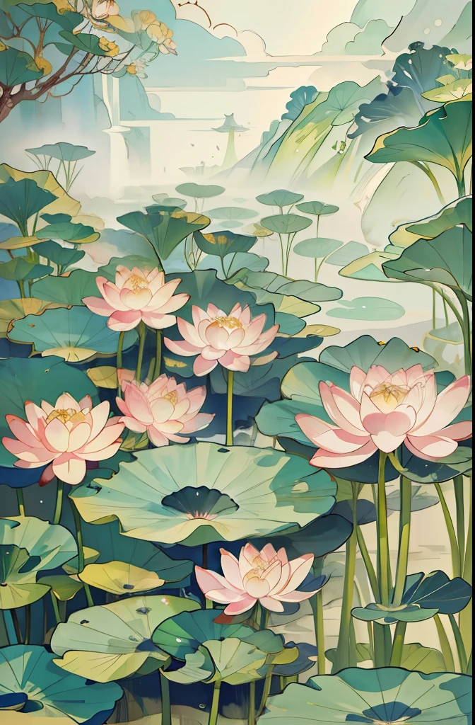 Big lotus leaves, lotus flowers, ink painting style, clean colors, ink style, smudging, decisive cutting, white space, freehand, masterpiece, super detailed, epic composition, high quality, highest quality, lotus fairy, ancient style, Dunhuang flying sky