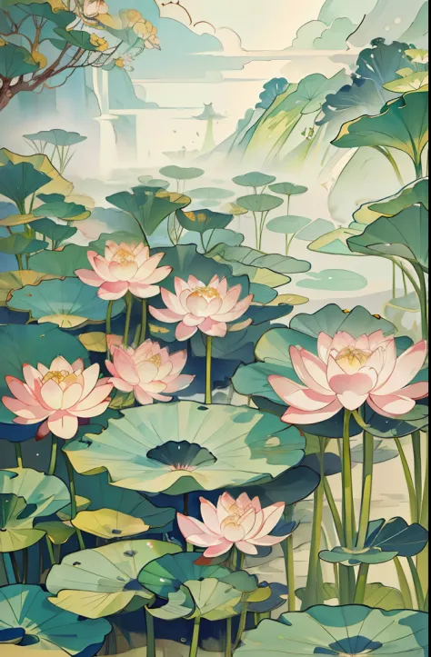 big lotus leaves, lotus flowers, ink painting style, clean colors, ink style, smudging, decisive cutting, white space, freehand,...