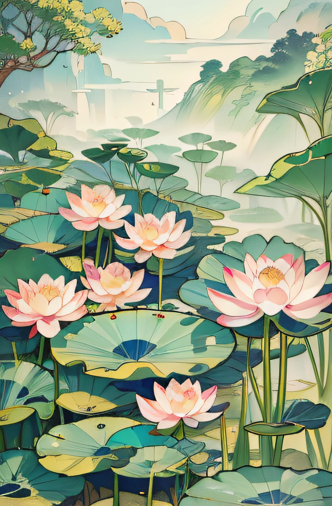 Big lotus leaves, lotus flowers, ink painting style, clean colors, ink style, smudging, decisive cutting, white space, freehand, masterpiece, super detailed, epic composition, high quality, highest quality, lotus fairy, ancient style, Dunhuang flying sky