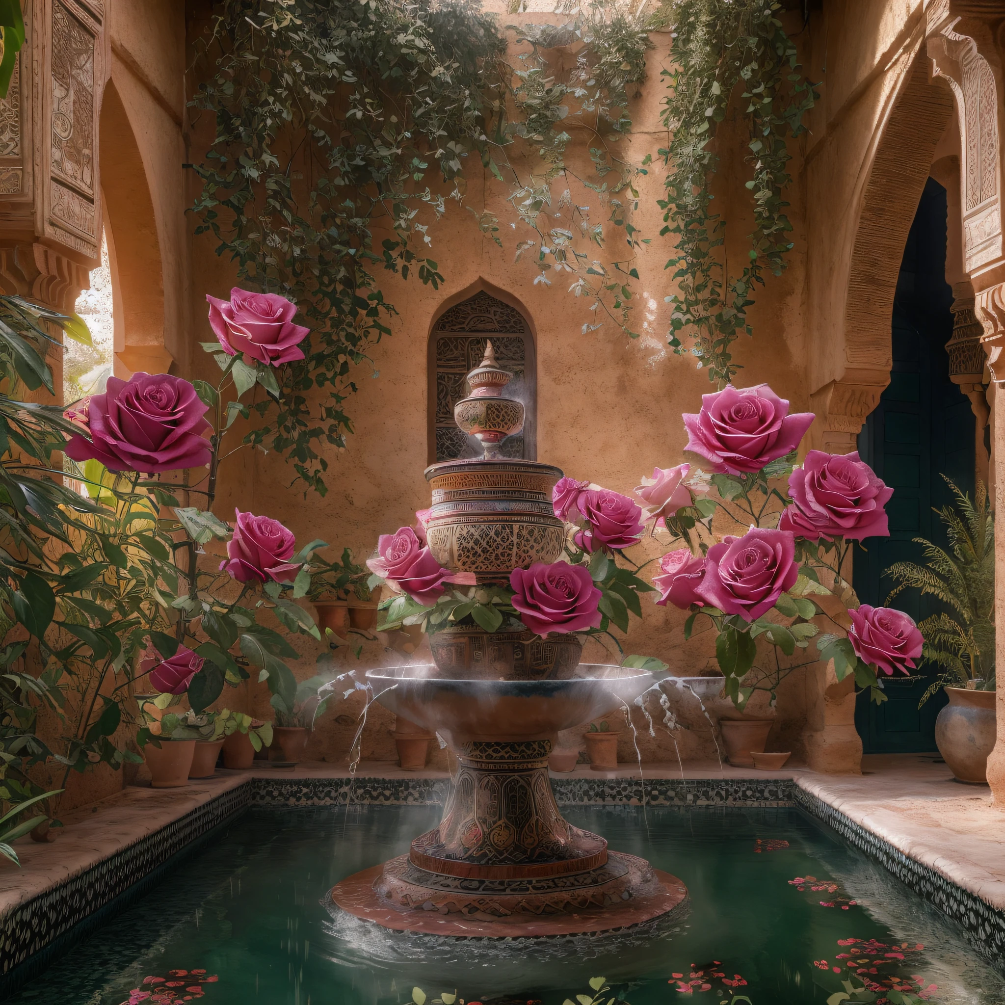 dark pink roses, sunrays, masterpiece, best quality, ultra high res, RAW, ((Riad)), ((riad pool)), splashing riad fountain, Marrakech, moroccan candle holders, palm trees, opalescent lights, (Photoluminescence water), gems, ((glowing flowers)), clear, Cinematic RAW photo, hyper real photo, ultrarealistic, 8k uhd, dslr, soft lighting, high quality, film grain, Fujifilm XT3, photographed on a Kodak Retina II Sanyo Xacti VPC-CA6, 50mm lens, Wide Angle, HDR, hyper-realistic, colorgraded, volumetric lighting, [volumetric fog, moist], shallow depth of field, reflections, photo, (sparkling) splashing, glistening, (iridescent), glimmering, crystal steam, shimmering, mystical, enchanting, glittering, Morocco, exotic, (masterpiece) (best quality) (detailed) (8k) (HDR) (wallpaper) (cinematic lighting) (sharp focus) (intricate), Amazigh, courtyard, romantic