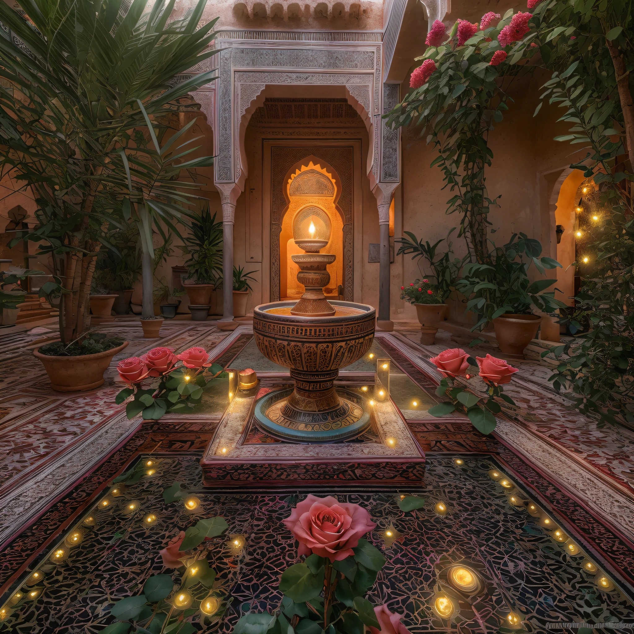 dark pink roses, sunrays, masterpiece, best quality, ultra high res, RAW, ((Riad)), ((riad pool)), riad fountain, Marrakech, moroccan candle holders, palm trees, opalescent, (Photoluminescence lights), gems, ((glowing flowers)), clear, Cinematic RAW photo, hyper real photo, ultrarealistic, 8k uhd, dslr, soft lighting, high quality, film grain, Fujifilm XT3, photographed on a Kodak Retina II Sanyo Xacti VPC-CA6, 50mm lens, Wide Angle, HDR, hyper-realistic, colorgraded, volumetric lighting, [volumetric fog, moist], shallow depth of field, reflections, photo, (sparkling) splashing, glistening, (iridescent), glimmering, crystals, mystical, enchanting, glittering, Morocco, exotic, (masterpiece) (best quality) (detailed) (8k) (HDR) (wallpaper) (cinematic lighting) (sharp focus) (intricate), Amazigh, courtyard