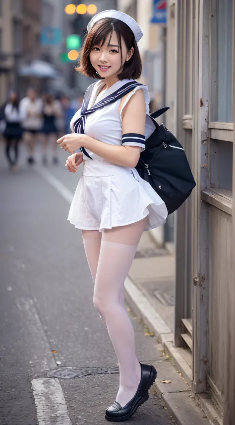 (a sailor suit:1.3)、hi-school girl、Sexy and cute、Colossal tits、perspiring、Wet crotch、seductive angles、(White pantyhose:1.2)、Best Quality, masutepiece, 超A high resolution, (Photorealistic:1.4), Raw photo,8K,japanes、女の子1人、17 age、Perfect looks、hi-school girl、...