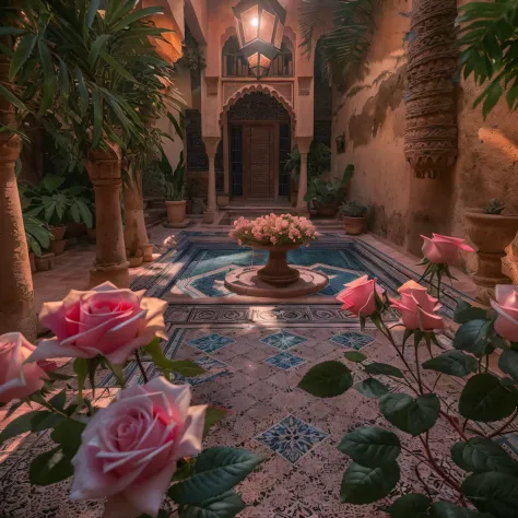 dark pink roses, sunrays, masterpiece, best quality, ultra high res, RAW, ((Riad)), ((riad pool)), riad fountain, Marrakech, mor...