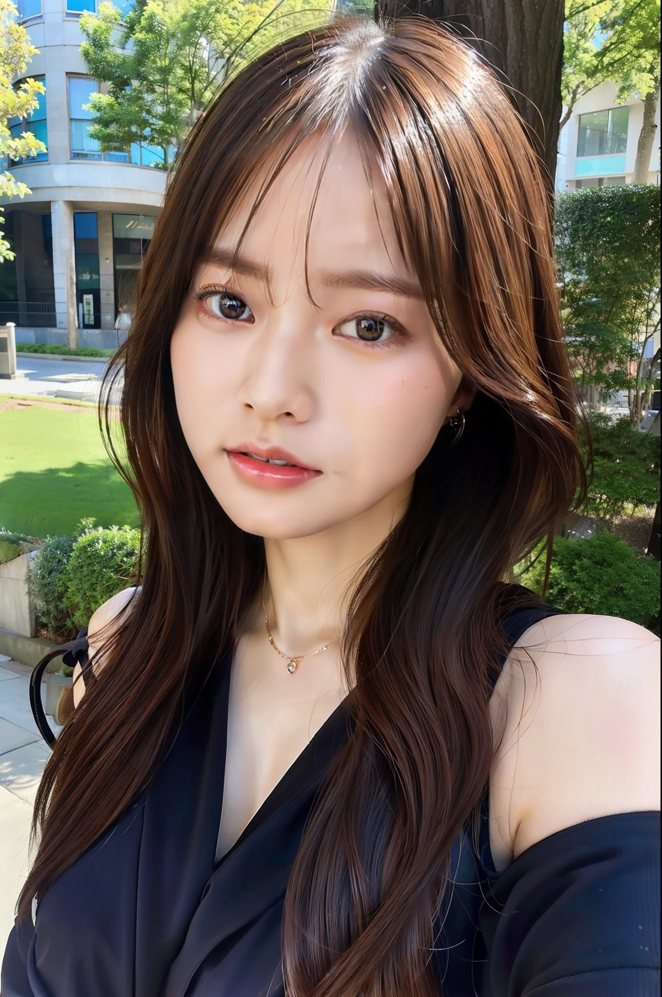 masutepiece,Best Quality:1.4),(8K,Raw photo,photographrealistic:1.2),(Shiny skin),Detailed skin,Detailed face,Detailed eyes,1girl in,Upper body,Japanese Idol,Extremely beautiful face,Brown hair、Wearing a black suit、Stay outside、Sunnyday