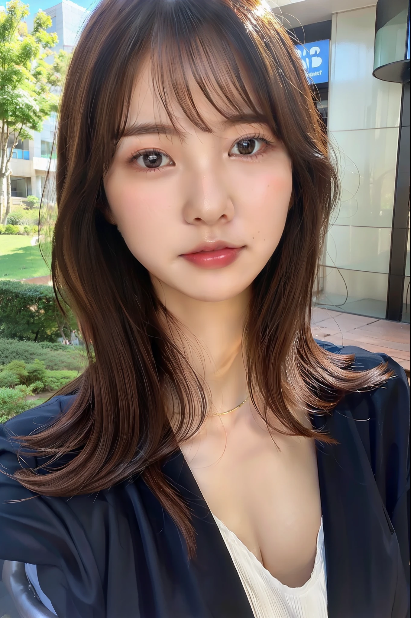 masutepiece,Best Quality:1.4),(8K,Raw photo,photographrealistic:1.2),(Shiny skin),Detailed skin,Detailed face,Detailed eyes,1girl in,Upper body,Japanese Idol,Extremely beautiful face,Brown hair、Wearing a black suit、Stay outside、Sunnyday