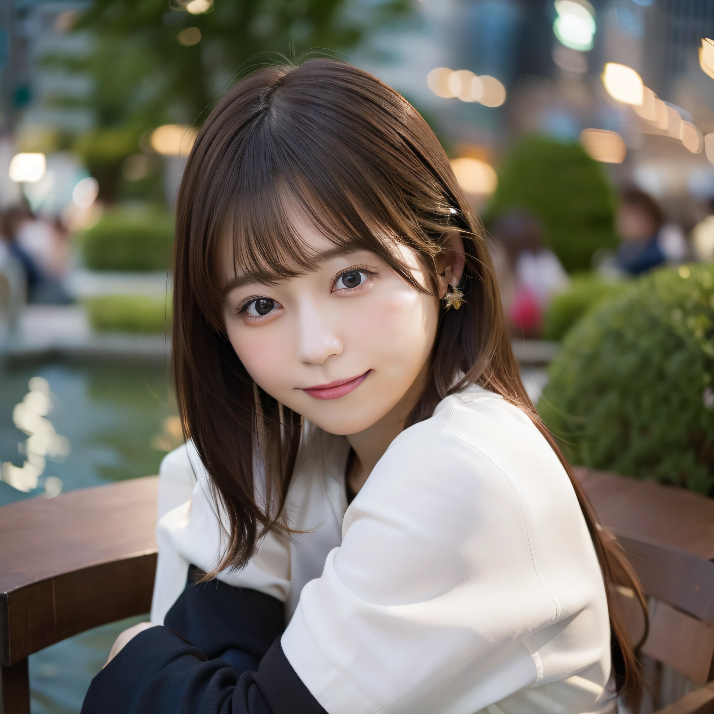 8K,Best Quality, 超A high resolution, (Photorealistic:1.4), Raw photo, ​masterpiece,(upper thigh:1.4, From Side:1.1), (Bokeh:1.4), (in a suite),Waterside Cafe, 1日本人の女の子, Cute, (Solo:1.6), (Shy smile), (Black eyes:1.2), Smooth skin, (Brown medium hair,Bangs), (touch hair:1.4),nogizaka,a park,Fashionable clothes、full bodyesbian:1.3、Supple fingers、