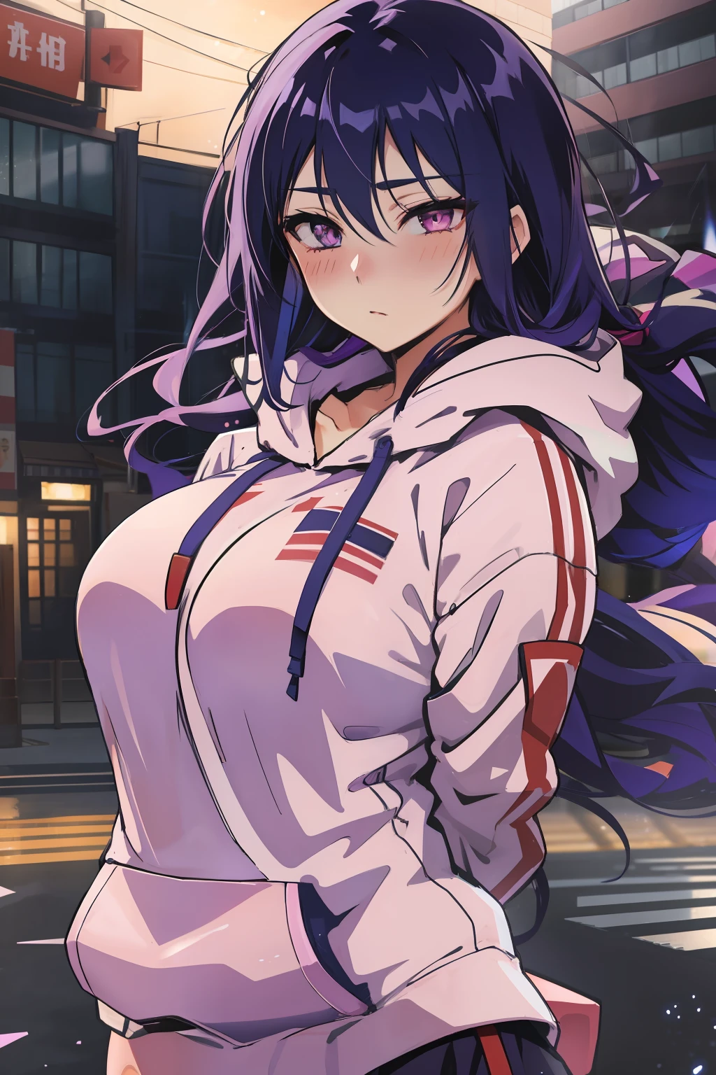 cheddarcheems, hyuuga hinata, hoodie, empty eyes, lavender eyes, dark blue hair, long hair, blush, arms behind back, large breasts, volumetric lighting, light particles,