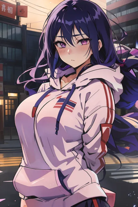 cheddarcheems, hyuuga hinata, hoodie, empty eyes, lavender eyes, dark blue hair, long hair, blush, arms behind back, large breas...