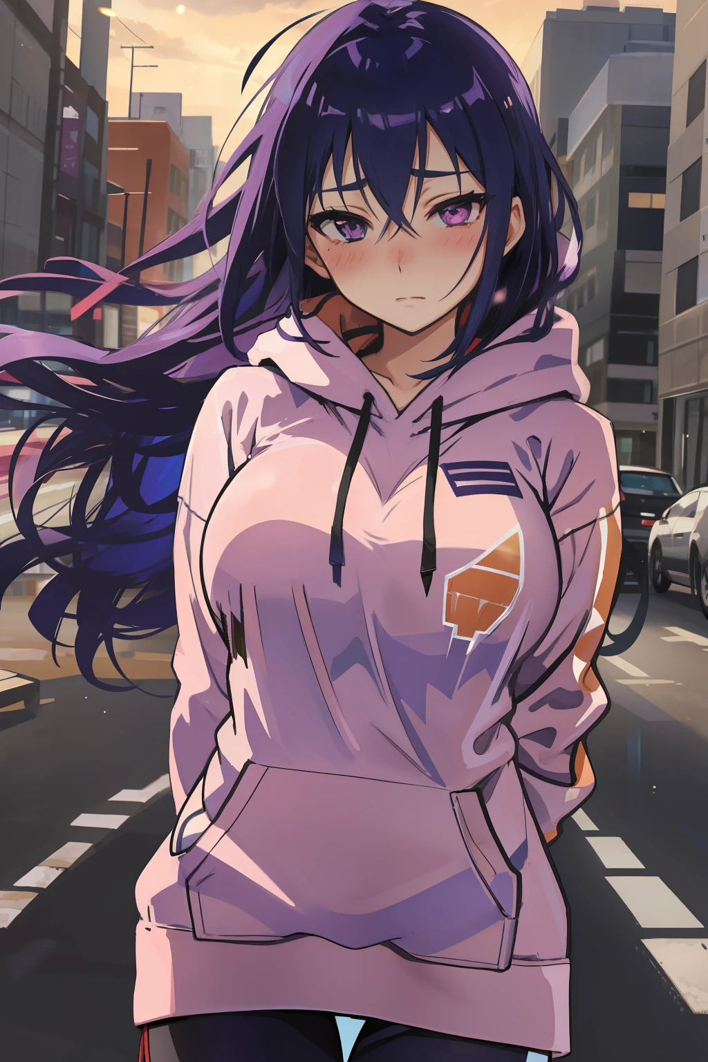 cheddarcheems, hyuuga hinata, hoodie, empty eyes, lavender eyes, dark blue hair, long hair, blush, arms behind back, large breasts, volumetric lighting, light particles,