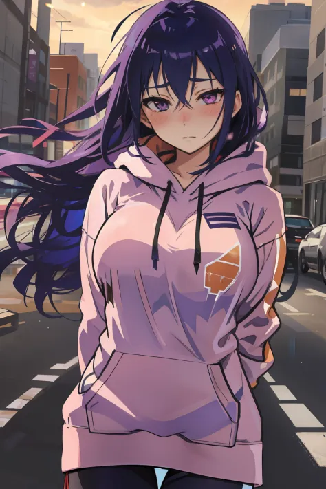 cheddarcheems, hyuuga hinata, hoodie, empty eyes, lavender eyes, dark blue hair, long hair, blush, arms behind back, large breas...