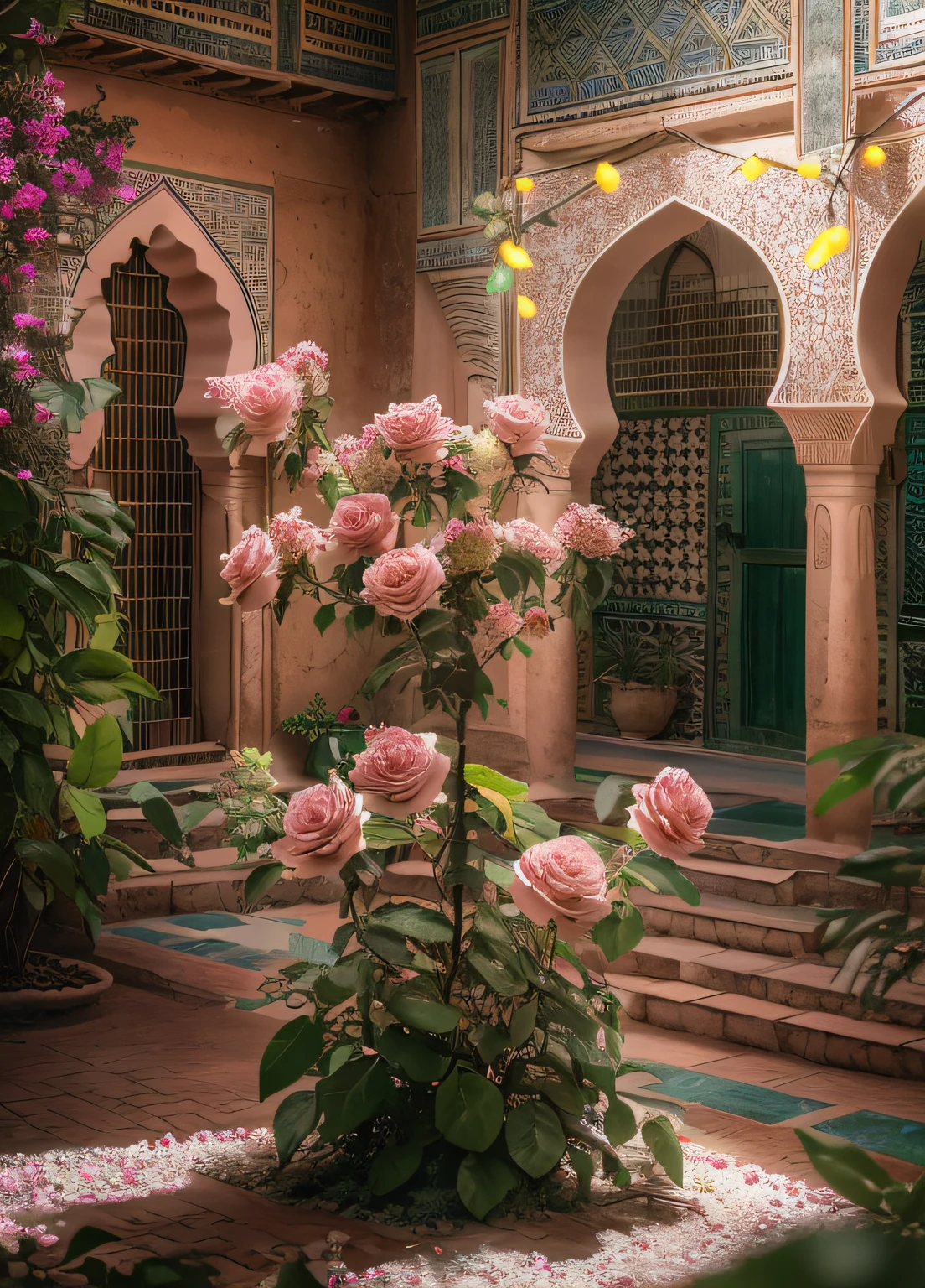 pink roses, sunrays, masterpiece, best quality, ultra high res, RAW, ((Riad)), riad fountain, Marrakech, moroccan candle holders, palm trees, opalescent, (Photoluminescence lights), gems, ((glowing flowers)), clear, Cinematic RAW photo, hyper real photo, ultrarealistic, 8k uhd, dslr, soft lighting, high quality, film grain, Fujifilm XT3, photographed on a Kodak Retina II Sanyo Xacti VPC-CA6, 50mm lens, Wide Angle, HDR, hyper-realistic, colorgraded, volumetric lighting, [volumetric fog, moist], shallow depth of field, reflections, photo, (sparkling) splashing, glistening, (iridescent), glimmering, crystals, mystical, enchanting, glittering, Morocco, exotic, (masterpiece) (best quality) (detailed) (8k) (HDR) (wallpaper) (cinematic lighting) (sharp focus) (intricate), Amazigh, courtyard