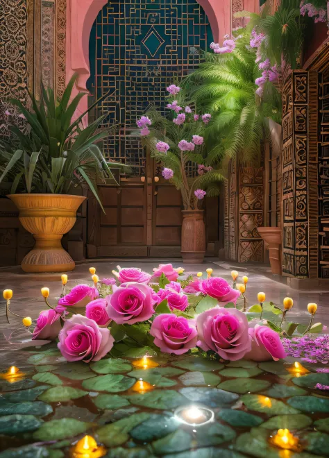 pink roses, sunrays, masterpiece, best quality, ultra high res, RAW, ((Riad)), riad fountain, Marrakech, moroccan candle holders...