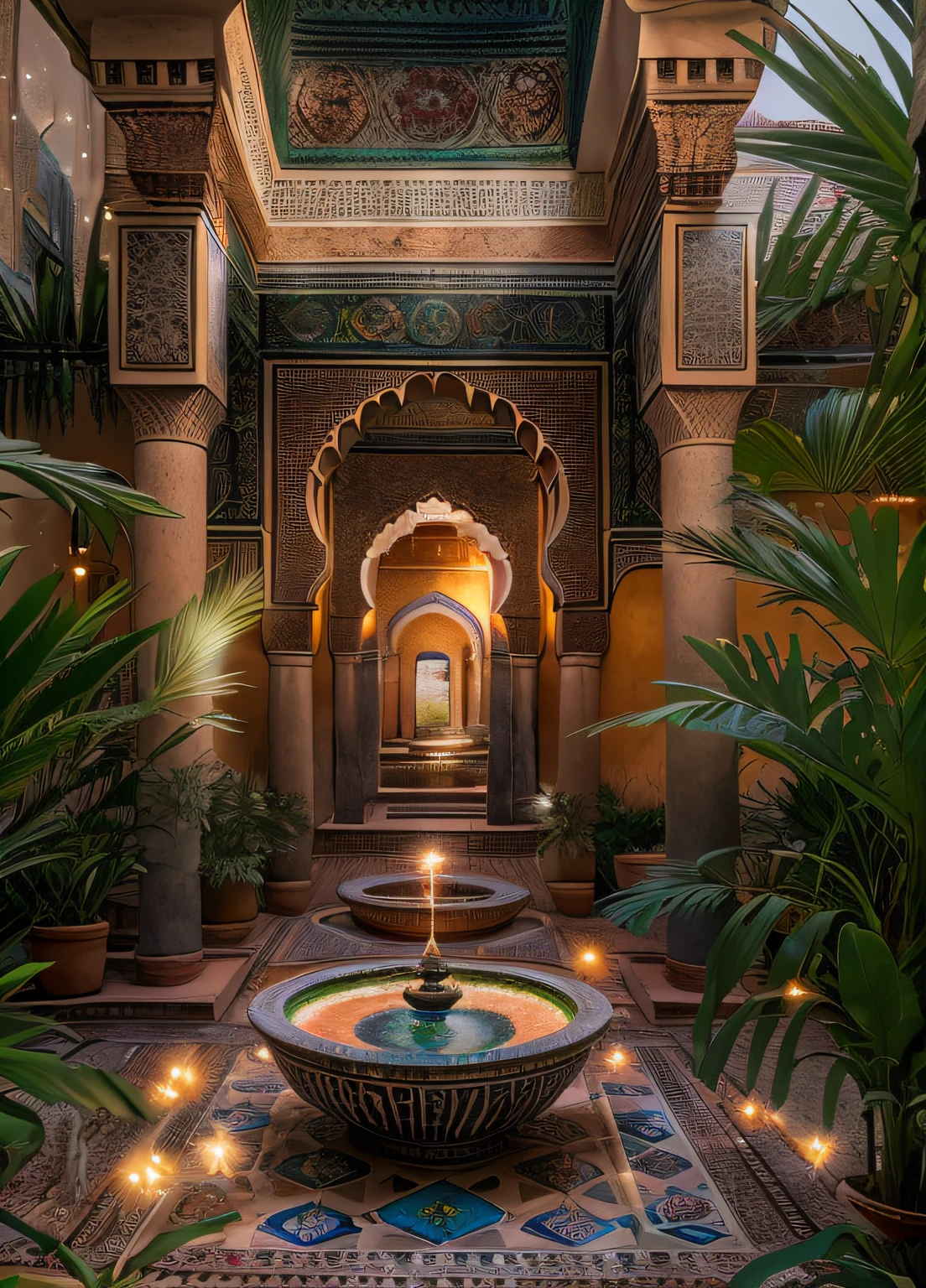 roses, sunrays, masterpiece, best quality, ultra high res, RAW, ((Riad)), riad fountain, Marrakech, moroccan candle holders, palm trees, opalescent, (Photoluminescence lights), gems, ((glowing flowers)), clear, Cinematic RAW photo, hyper real photo, ultrarealistic, 8k uhd, dslr, soft lighting, high quality, film grain, Fujifilm XT3, photographed on a Kodak Retina II Sanyo Xacti VPC-CA6, 50mm lens, Wide Angle, HDR, hyper-realistic, colorgraded, volumetric lighting, [volumetric fog, moist], shallow depth of field, reflections, photo, (sparkling) splashing, glistening, (iridescent), glimmering, crystals, mystical, enchanting, glittering, Morocco, exotic, (masterpiece) (best quality) (detailed) (8k) (HDR) (wallpaper) (cinematic lighting) (sharp focus) (intricate), Amazigh, courtyard