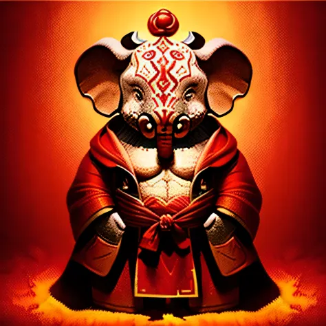 Humanoid, cute elephant, Best quality ,Masterpiece, illustration, view the viewer, facing front, Fluffy red robe for festive aus...