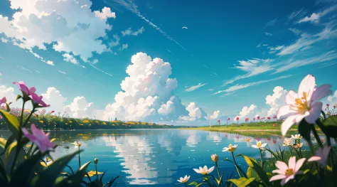 Summer, meadows, a few small flowers, clear lakes, heaven, large clouds, blue sky, hot weather, HD detail, hyper-detail, cinematic, soft light, deep field focus bokeh