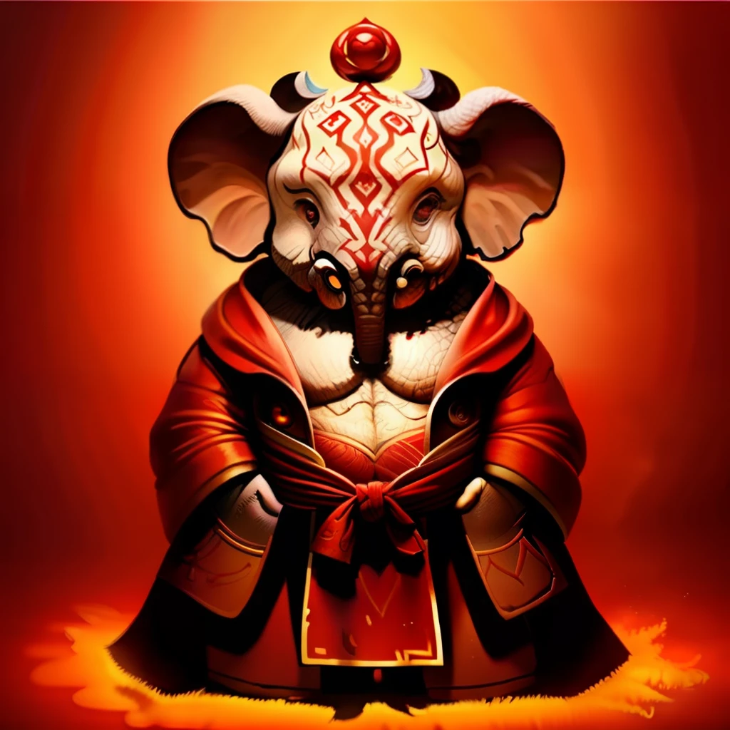 Humanoid, cute elephant, Best quality ,Masterpiece, illustration, view the viewer, facing front, Fluffy red robe for festive auspiciousness, Sharp focus, Realistic lighting