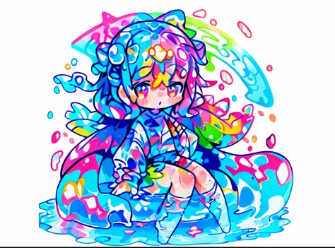 Chibi、water color、(colourfull:1.2)、Float colorful water、Float colorful wind、colorful simple background、Floating colorful hair、((ripped clothing、Wet clothes))
//
[(White background:1.4)::5]、(imid shot:0.95)、dynamic ungle、
(Official Art:1.2)、(Ice Breaking:1....