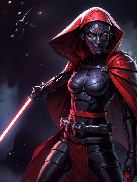 modest, robes, cape, cloak, heavily armored, red skin, Twi'lek, athletic, slender, muscular, wearing heavy black stealth armor, ...