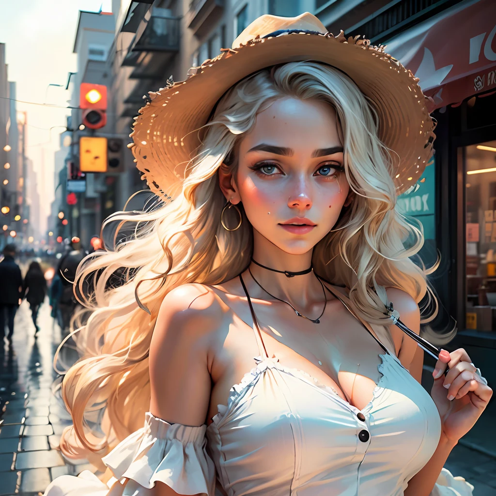 (best quality, masterpiece, realistic:1.3), (detailed), a woman in a white dress and woman's hat standing in front of a wet street, portrait of very beautiful girl , (looking at the viewer:1.1), long blond hair, loving smile, cityscape, the golden hour, elegant decollate, photo of a beautiful, on the streets, (camera field of depth:1.3),(left side of composition:1.3), insanely detailed, enhanced hd, Sony a7III, style of ivan shishk, 16k, UHD, HDR,(Masterpiece:1.5),(best quality:1.5) --auto --s2