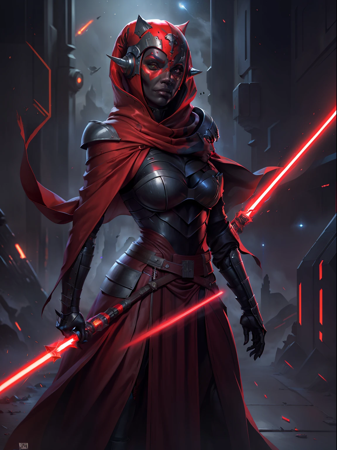 modest, robes, cape, cloak, heavily armored, red skin, Twi'lek, athletic, slender, muscular, wearing heavy black stealth armor, evil space knight, space samurai, dual red lightsabers, Star Wars