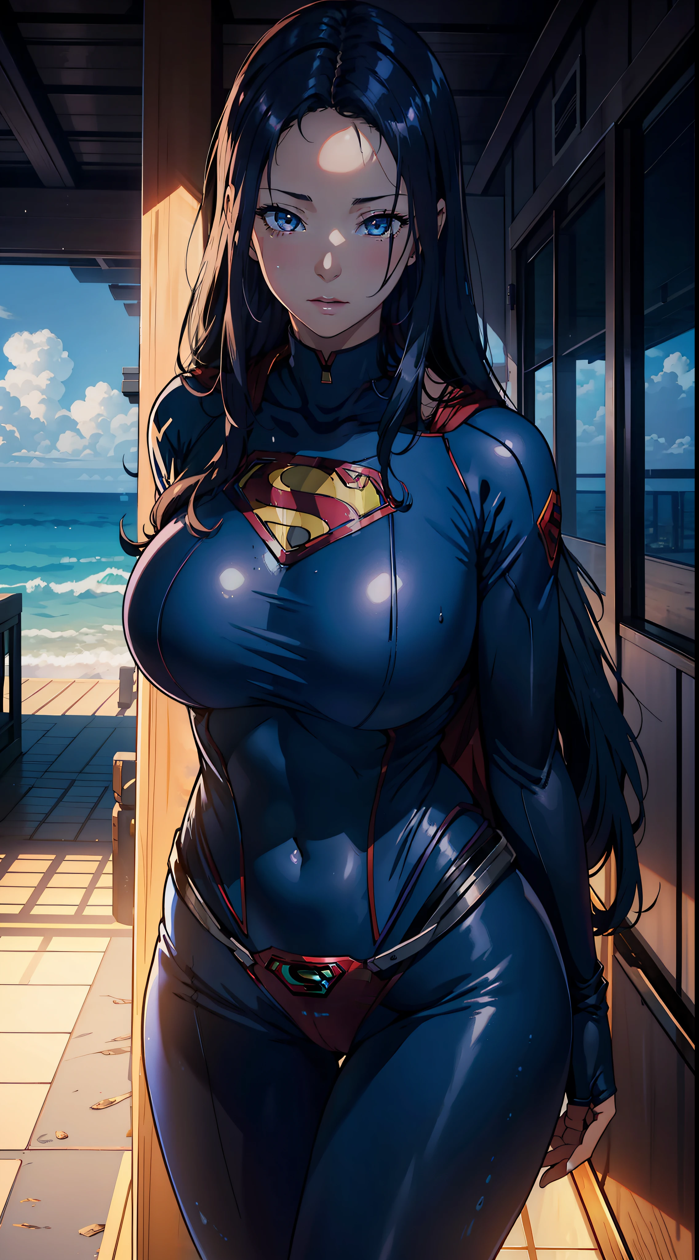 1female，35yo，Huge breasts， 独奏， Supergirl，Superman uniform，Dressed in blue cyberpunk style，比基尼， beautifullegs ，the ocean，  She has long flowing black hair， ，Sateen，Bigchest， From the front side， Wet straight hair， Sweating profusely，mostly cloudy sky，（tmasterpiece），（Very detailed CG unity 8K wallpaper），best qualtiy，cinmatic lighting，detailed back ground，beatiful detailed eyes，Bright pupils，（Very fine and beautiful），（Beautiful and detailed eye description），ultra - detailed，facing at camera，A high resolution，ultra - detailed），Very long hair，standing on your feet，Emotive expressions，Smile，Chest sagging，Camel toes，with no underpants，extremely large bosom，Extremely colorful，Most detailed，fully body photo，The face is well lit