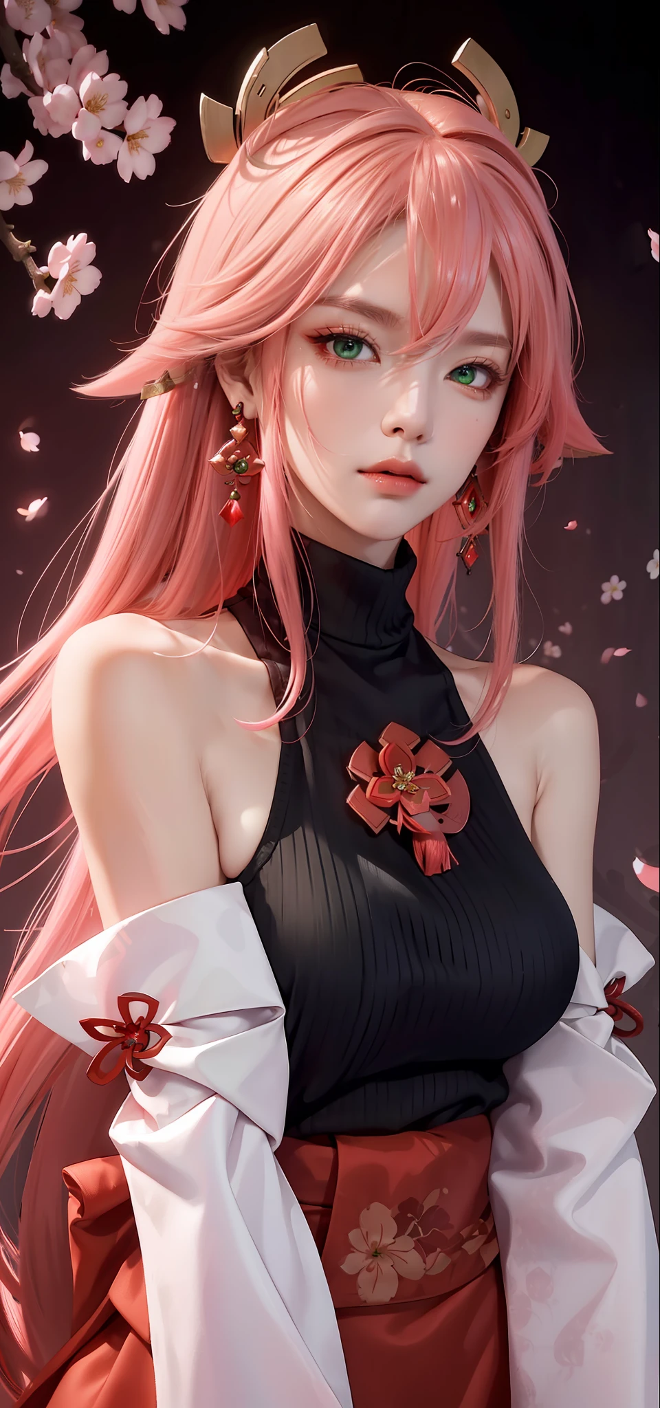 (Masterpiece, Excellent, 1girl, solo, complex details, color difference), realism, ((medium breath)), off-the-shoulders, big breasts, sexy, Yae Miko, long pink hair, red headdress, red highlight, hair above one eye, green eyes, earrings, sharp eyes, perfectly symmetrical figure, choker, neon shirt, open jacket, turtleneck sweater, against the wall, brick wall, graffiti, dim lighting, alley, looking at the audience, ((mean, seductive, charming)), ((cherry blossom background ))),((Japanese temple background)))), (((Glow-in-the-dark background)))