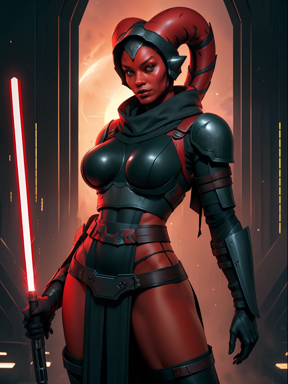 ((armor)), busty, ((red skin), twi'lek), dual red lightsabers, evil space knight, space ninja, (wearing heavy black armor, robes, black stealth armor, breastplate, tunic, tabard, cowl, cloak, body glove, straps, buckles, skirts, long sleeves, fantasy, ((armor))), ((busty), slender body, thin, slim sexy body, slim waist, ((gigantic breasts))), Imperial starship, Star Wars,