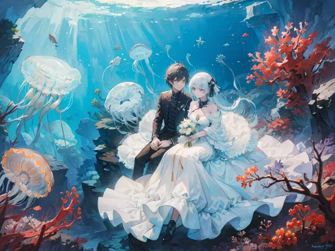 A scene of best quality, masutepiece, Very detailed, 8K, wallpaper and fantasy quality, BREAK showing undersea environment, BREA...