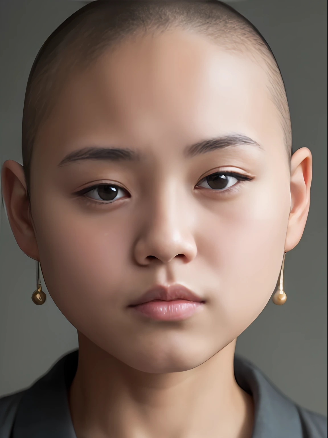 A close up of a young girl with a shaved head and earrings - SeaArt AI