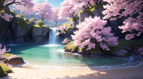 Masterpiece, best quality, (very detailed CG unity 8k wallpaper) (best quality), (best illustration), (best shadows) Nature&#39, blue sea,delicate leaves petals of various colors falling in the air light Tracking, super detailed , pink sakura blossoms, whi...