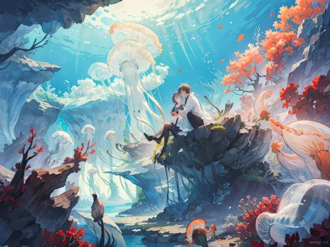A scene of best quality, masutepiece, Very detailed, 8K, wallpaper and fantasy quality, BREAK showing undersea environment, BREA...