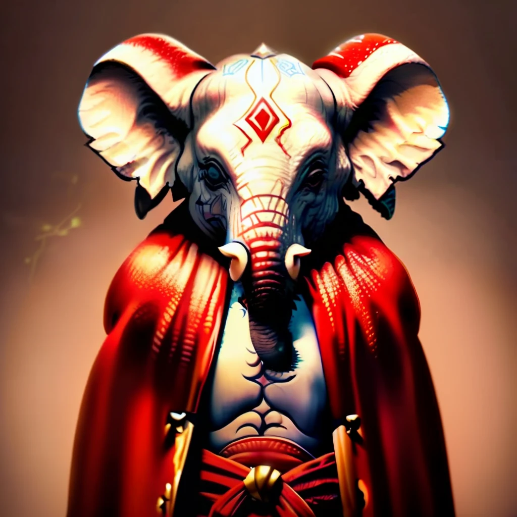 RAW photo, Humanoid, A photo of the image [Human:Elephant hair:2] cute elephant, Best quality ,Masterpiece, illustration, view the viewer, facing front, Festive red robe, Sharp focus, Realistic lighting