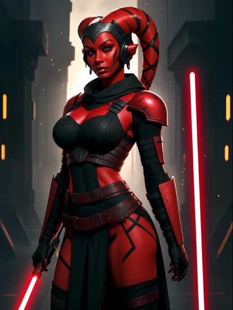 armor, busty, ((red skin), twi'lek), dual red lightsabers, evil space knight, space ninja, (wearing heavy black armor, robes, bl...