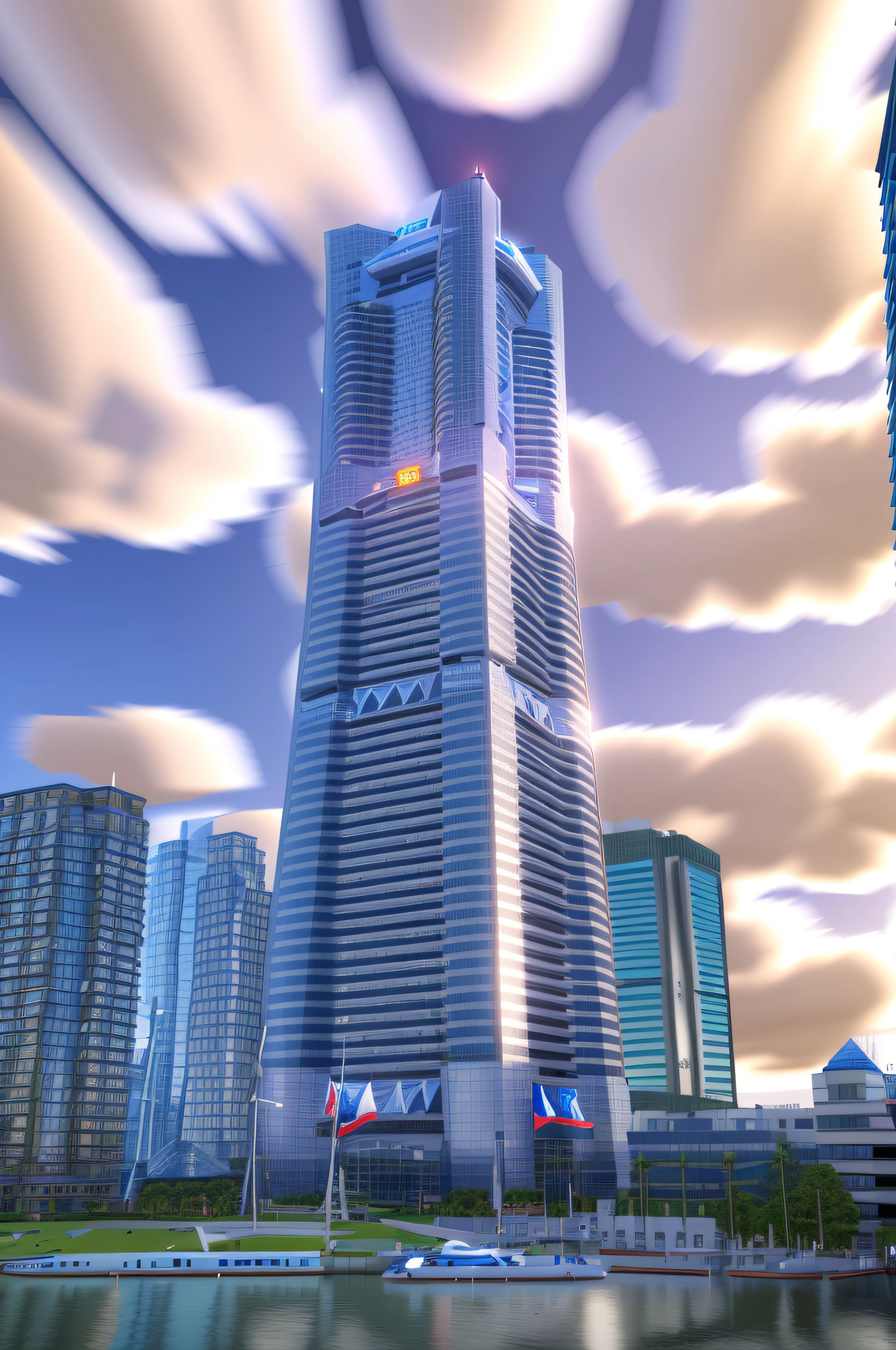 Arafature, a skyscraper with a clock tower in the center, the building is a skyscraper, highrise buildings, megatall building, tall buildings on the sides, Hard and strong building, epic buildings in the center, with tall glass skyscrapers, highrise buildings, Huge skyscrapers, Tall skyscraper