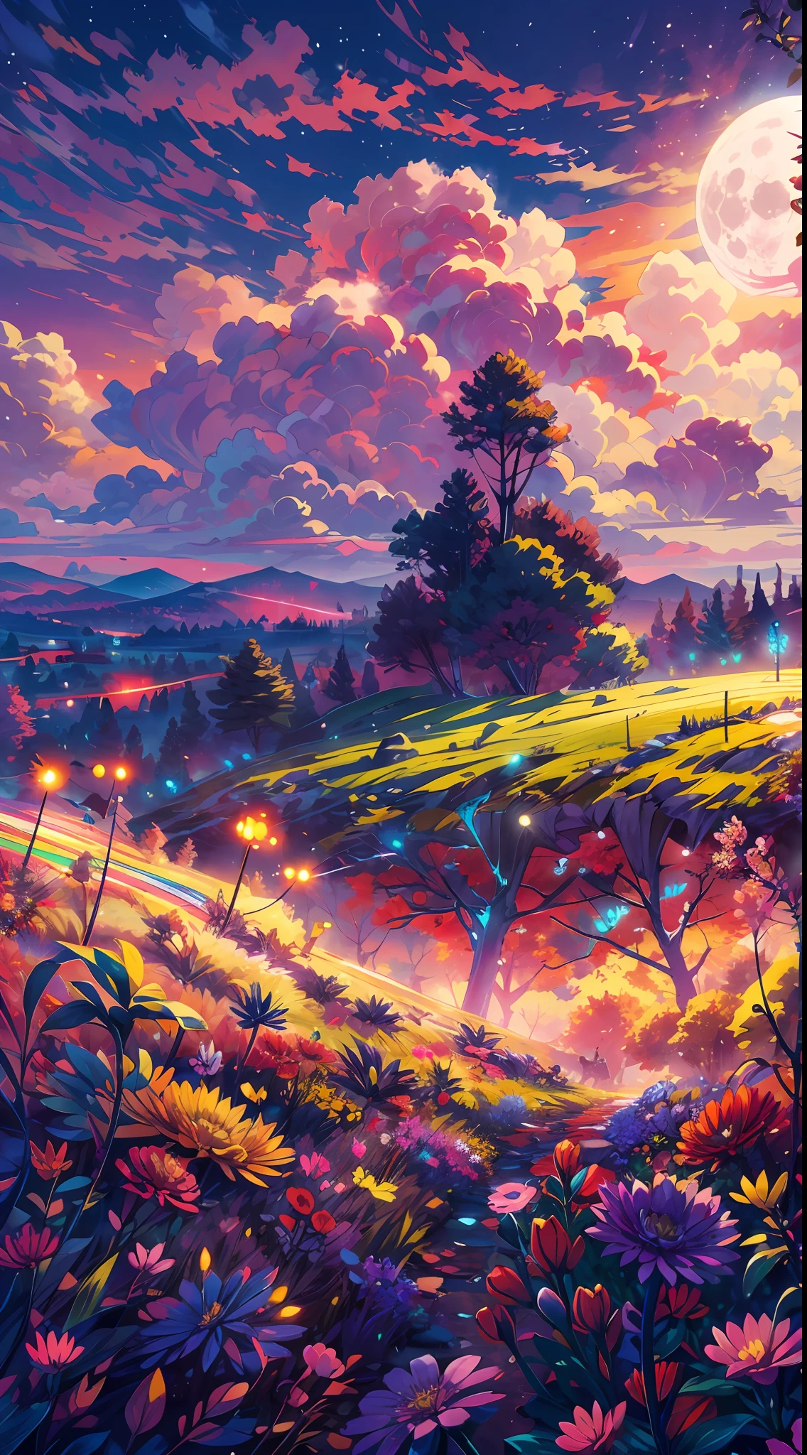 Uma ampla foto de paisagem, (visto de baixo, o céu está acima, e o campo aberto está abaixo), uma garota de anime sentada em um campo de flores coloridas olhando para cima, (lua cheia: 1.2), (meteoro: 0.9), (nebula: 1.3), montanhas distantes , estrelas cadentes, Árvores BREAK Artesanato, (Luz quente: 1.2), (vaga-lume: 1.2), Luzes, Muito roxo e laranja, Detalhes intrincados, paleta colorida,Iluminação Volumétrica BREAK (Obra de arte: 1.2), (melhor qualidade), 4K, ultra detalhado, (composição dinâmica: 1.4), Rico em detalhes e cores, (Cor do arco-íris: 1.2), (brilho, iluminação atmosférica), Sonhadores, mágico, (Sozinho: 1.2)