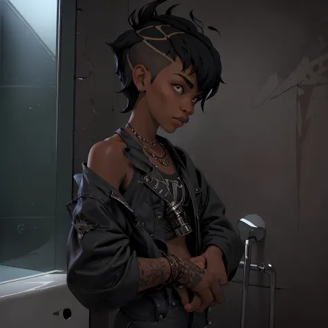 1girl, in bathroom, punk style, mullet-cut, ebony skin