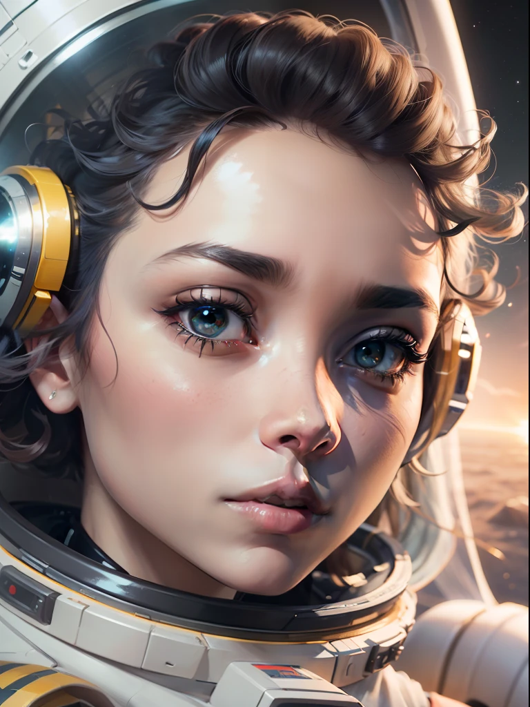 Uma menina com pele branca e cabelo encaracolado flutua dentro de uma grande cápsula gravitacional, objetos espaciais flutuando no fundo, retrato de anime Garota Cadete Espacial, de um filme de ficção científica 8k de 2 0 1 9, Astronauta futurista Zoe Kravitz, Filme 8K ainda, filme ainda 8k, Zoe Kravitz como astronauta, em traje espacial,  garota no espaço, renderização de retrato 8k, beautiful woman em traje espacial, amplitude, plano Geral, cinematic, fotorrealismo, fotografado em uma Canon EOS-1D X Mark III, Lente de 50 mm, F/2.8, foco nitído, volumetric fog, Luz dramática, luz volumétrica, néon, 8k hd, Câmera DSLR, qualidade máxima, grão de filme,