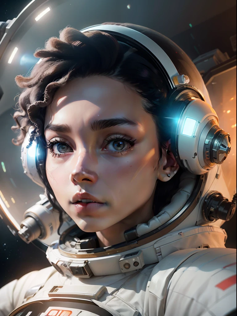 Uma menina com pele branca e cabelo encaracolado flutua dentro de uma grande cápsula gravitacional, objetos espaciais flutuando no fundo, retrato de anime Garota Cadete Espacial, de um filme de ficção científica 8k de 2 0 1 9, Astronauta futurista Zoe Kravitz, Filme 8K ainda, filme ainda 8k, Zoe Kravitz como astronauta, em traje espacial,  garota no espaço, renderização de retrato 8k, beautiful woman em traje espacial, amplitude, plano Geral, cinematic, fotorrealismo, fotografado em uma Canon EOS-1D X Mark III, Lente de 50 mm, F/2.8, foco nitído, volumetric fog, Luz dramática, luz volumétrica, néon, 8k hd, Câmera DSLR, qualidade máxima, grão de filme,