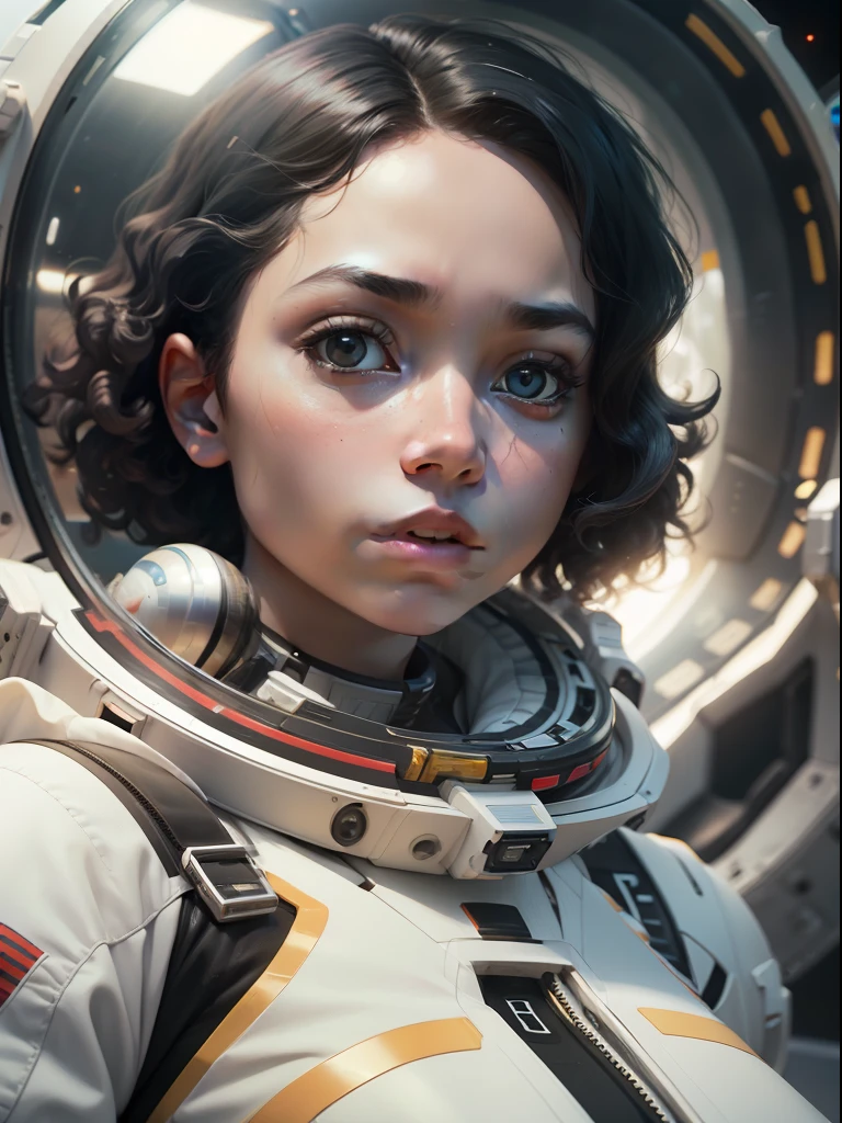 Ein Mädchen mit weißer Haut und lockigem Haar schwebt in einer großen Gravitationskapsel., Weltraumobjekte schweben im Hintergrund, Anime-Porträt von Space Cadet Girl, aus einem 2 0 1 9 Sci-Fi 8k Film, Zoe Kravitz, futuristische Astronautin, 8 k Filmstandbild, Film noch 8 k, Zoe Kravitz as an astronaut, im Raumanzug,  Mädchen im Weltraum, Porträt 8k Render, beautiful woman im Raumanzug, Amplitude, Genereller Plan, filmisch, Fotorealismus, fotografiert mit einer Canon EOS-1D X Mark III, 50mm lens, F/2.8, scharfer Fokus, volumetrischer Nebel, dramatisches Licht, volumetrisches Licht, Neon, 8k uhd, dslr camera, Maximale Qualität, Filmkorn,