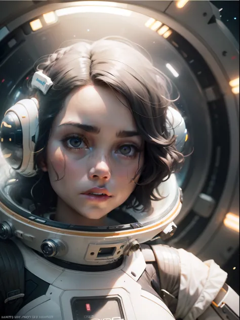 A girl with white skin and curly hair floats inside a large gravitational capsule, space objects floating in the background, anime portrait Space Cadet Girl, from a 2 0 1 9 Sci Fi 8 K movie, Zoe Kravitz futuristic astronaut, 8 K movie still, movie still 8 ...