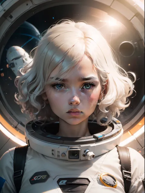 A girl with white skin and curly hair floats inside a large gravitational capsule, space objects floating in the background, ani...
