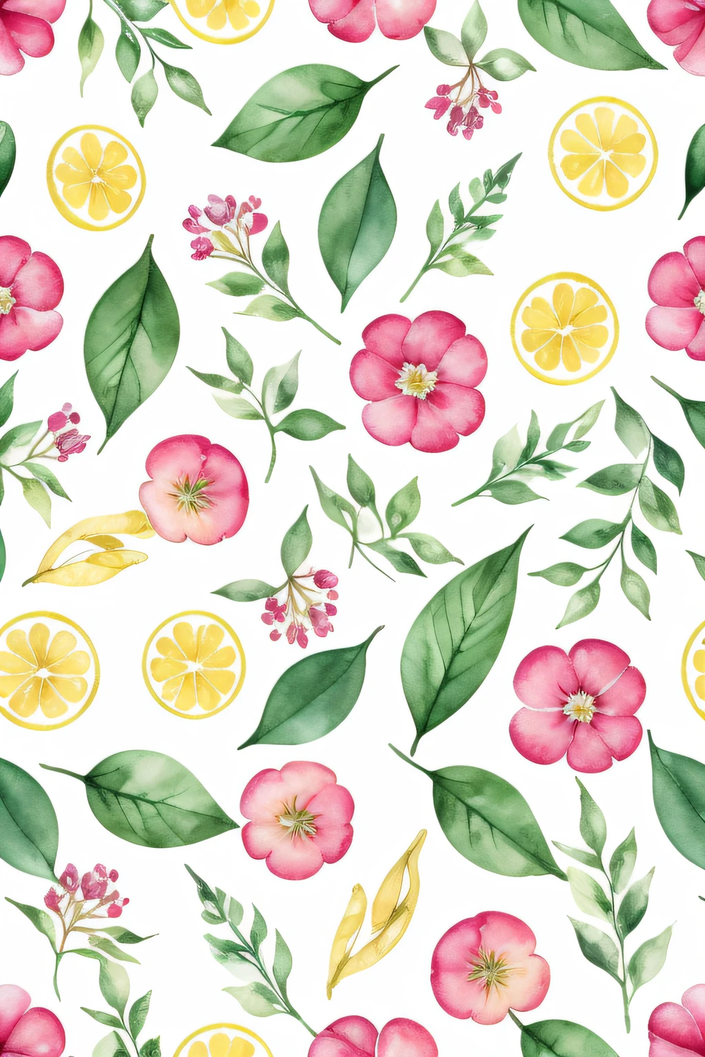 아름다운 꽃의 수채화 패턴, 열매,  레몬，모란，양치류, 나뭇잎,  차분한 색상 #3b4195 컬러 배경. 수채화 종이 질감.